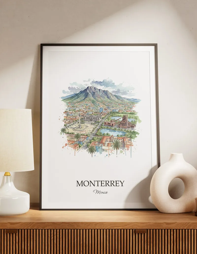 A lovely interior preview showcasing a vintage-vibe travel poster design of the scenic Monterrey city.