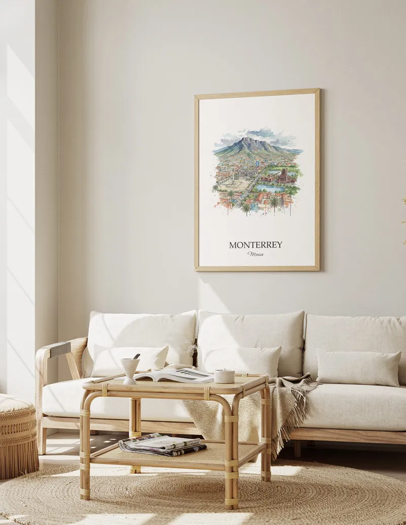 Framed wall art featuring Monterrey, Mexico in a light wood frame hanging above a sofa in a modern living room.
