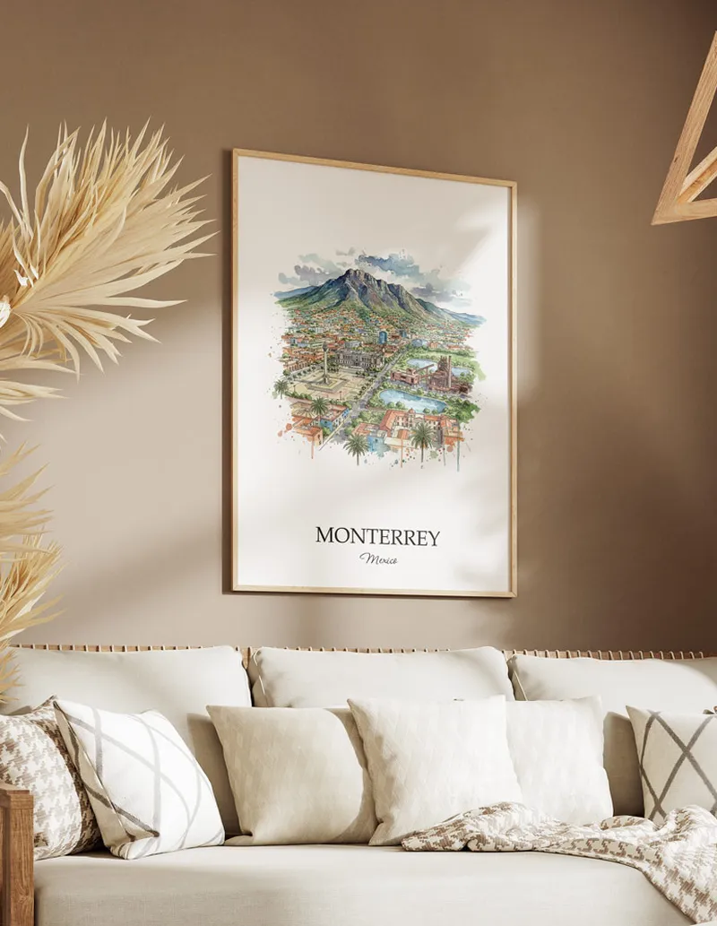 Vintage travel poster of Monterrey city, Mexico in a light frame displayed above a sofa in a bright boho interior.