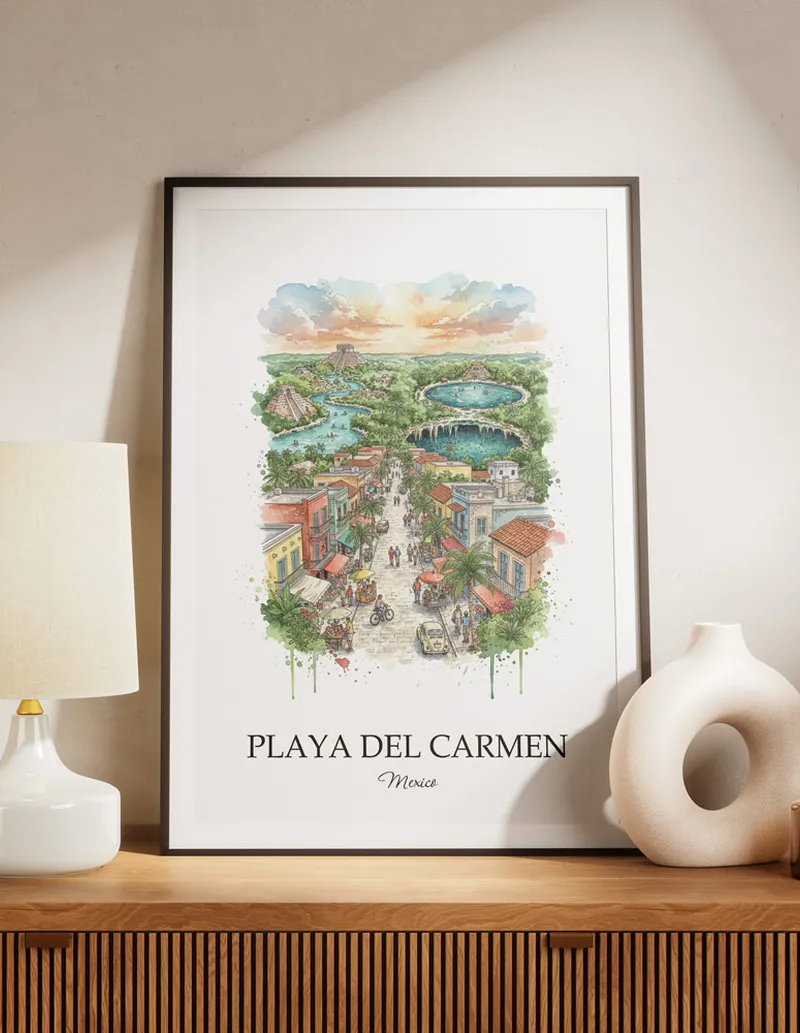 A lovely interior preview showcasing a vintage-vibe travel poster design of the scenic Playa del Carmen city.