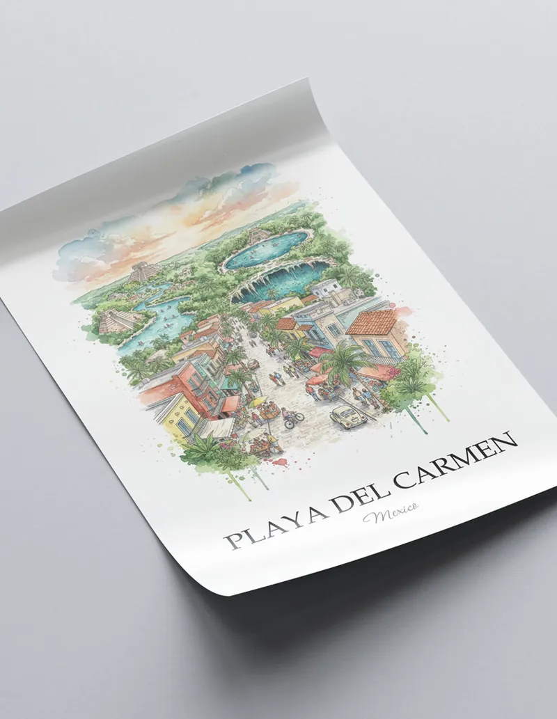 A close-up of a high-quality paper print featuring the Playa del Carmen city minimalist design.