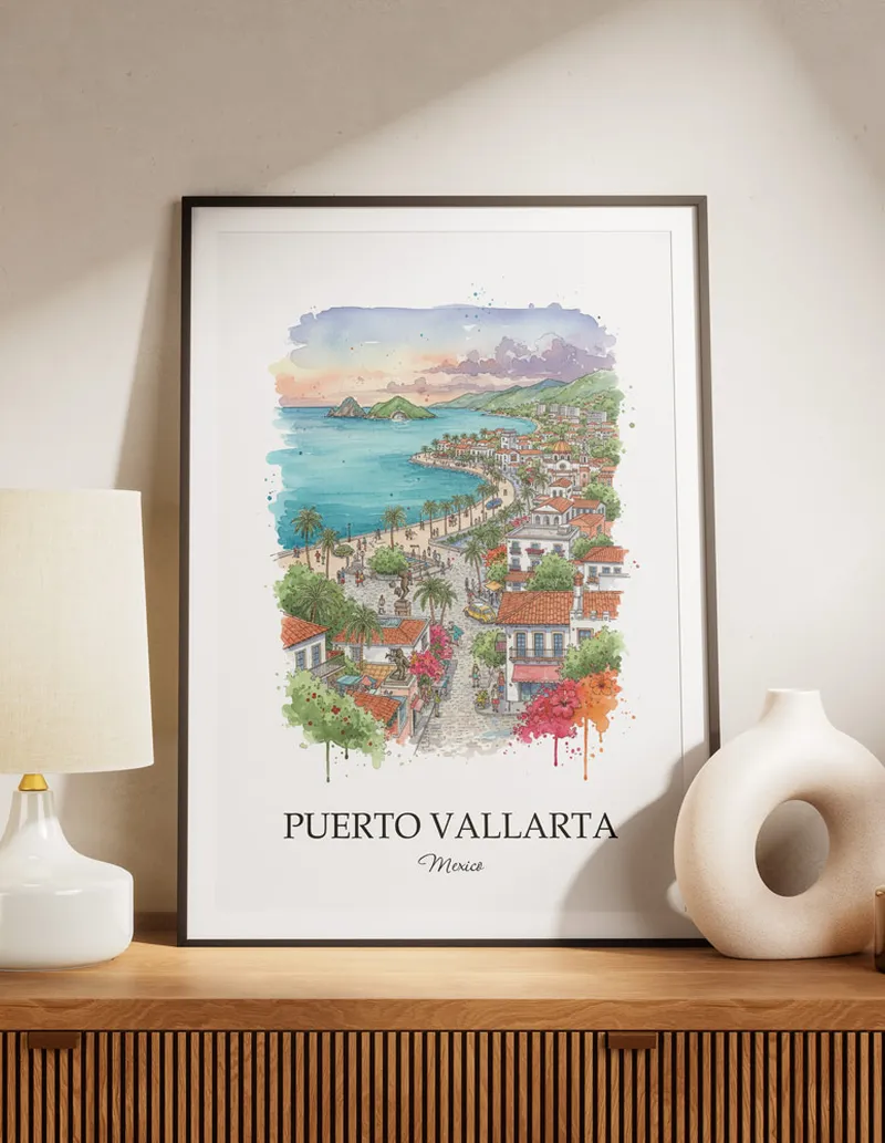 A lovely interior preview showcasing a vintage-vibe travel poster design of the scenic Puerto Vallarta city.