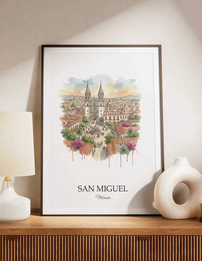 A lovely interior preview showcasing a vintage-vibe travel poster design of the scenic San Miguel de Allende city.