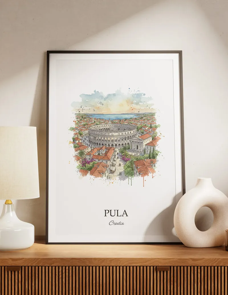 A lovely interior preview showcasing a vintage-vibe travel poster design of the scenic Pula city.