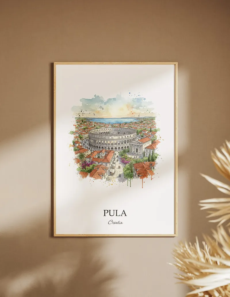 A clean and modern mockup showing a framed Pula city print on a minimalist background.