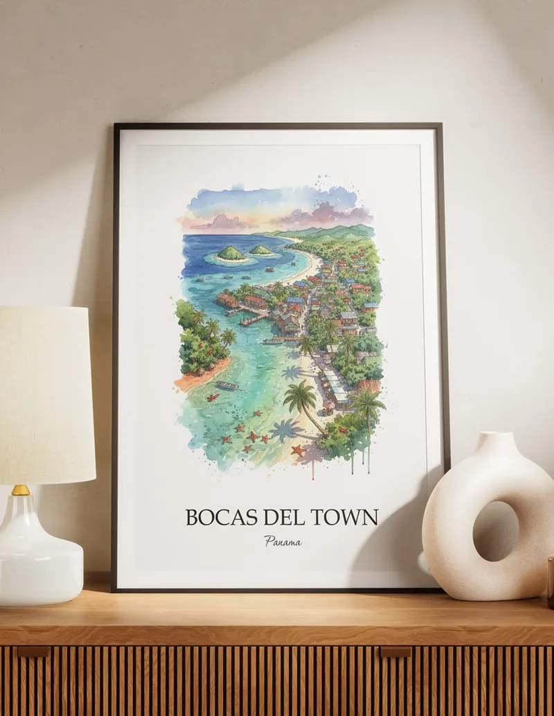 A lovely interior preview showcasing a vintage-vibe travel poster design of the scenic Bocas del Town city.