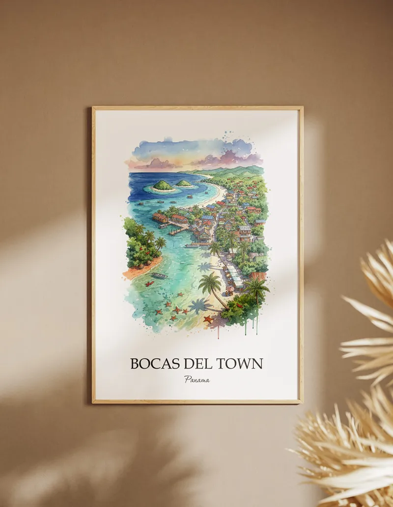 A clean and modern mockup showing a framed Bocas del Town city print on a minimalist background.