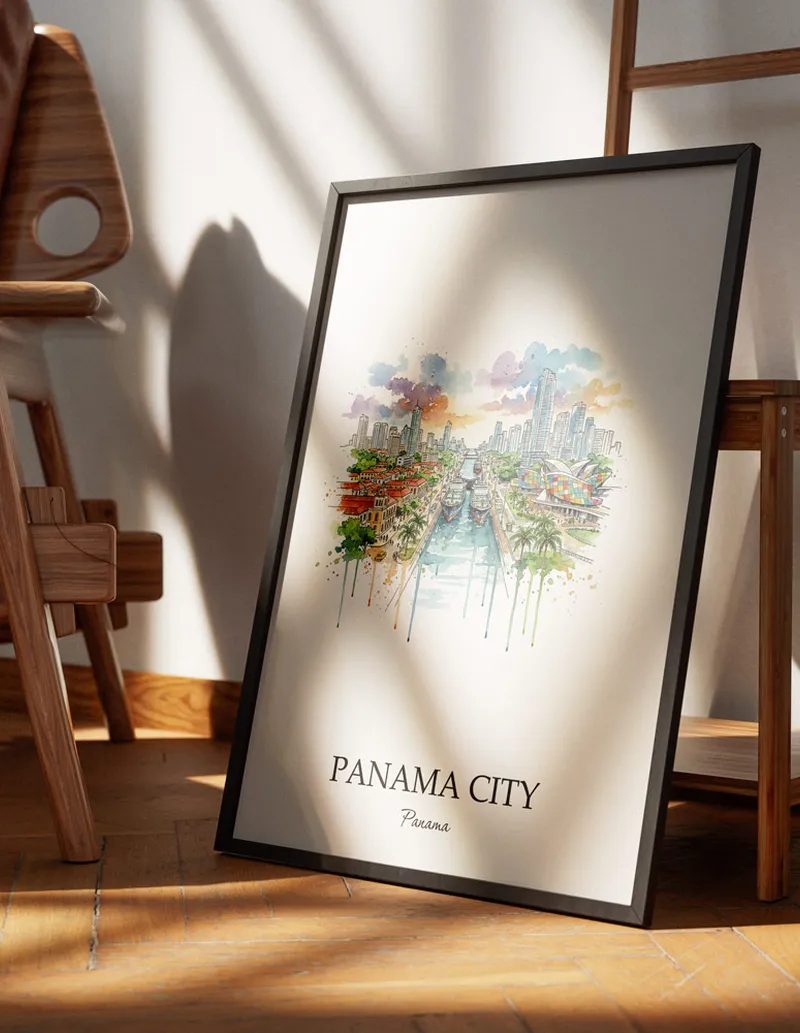 Minimalist poster of Panama City city in Panama in a light frame standing on the floor in a dark moody interior.