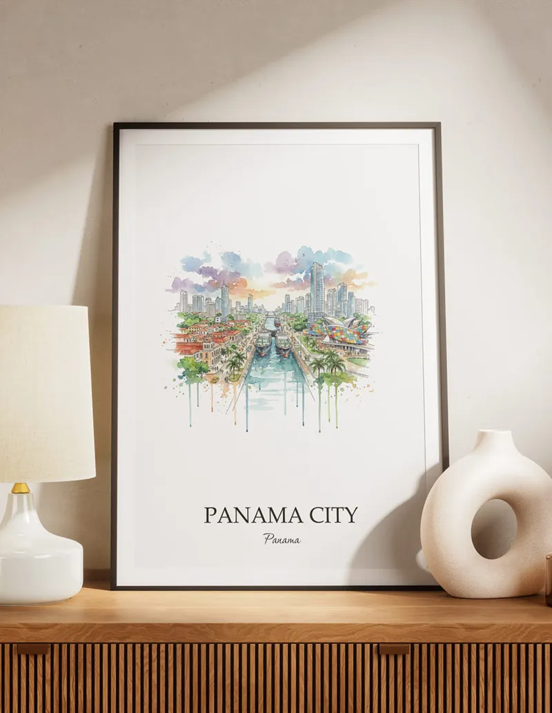 A lovely interior preview showcasing a vintage-vibe travel poster design of the scenic Panama City city.