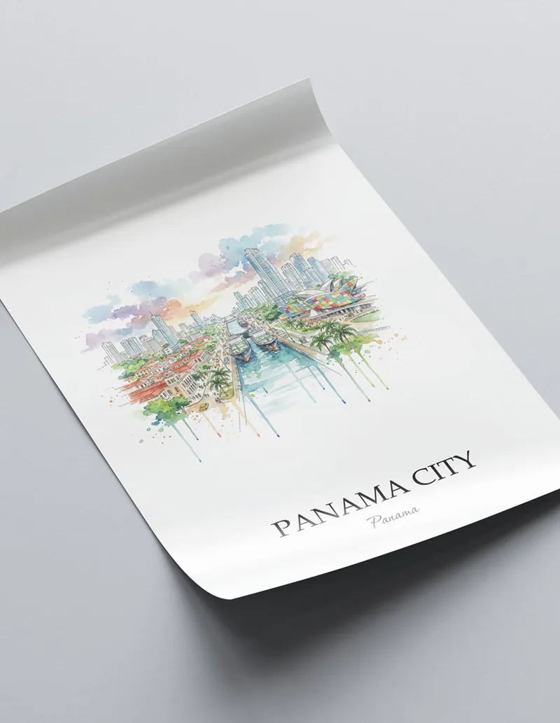 A close-up of a high-quality paper print featuring the Panama City city minimalist design.