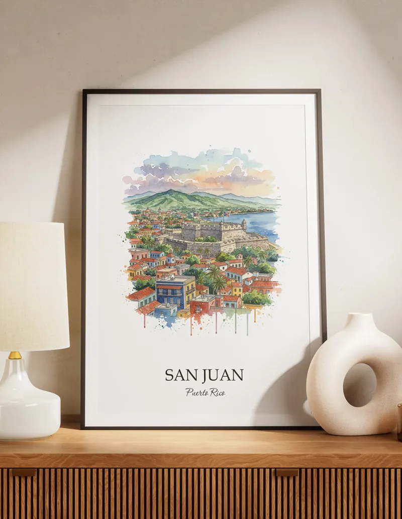 A lovely interior preview showcasing a vintage-vibe travel poster design of the scenic San Juan city.
