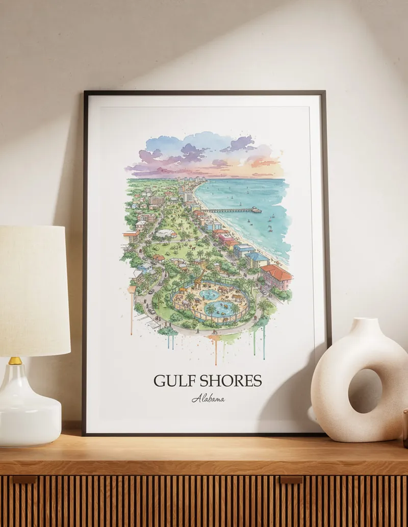 A lovely interior preview showcasing a vintage-vibe travel poster design of the scenic Gulf Shores city.