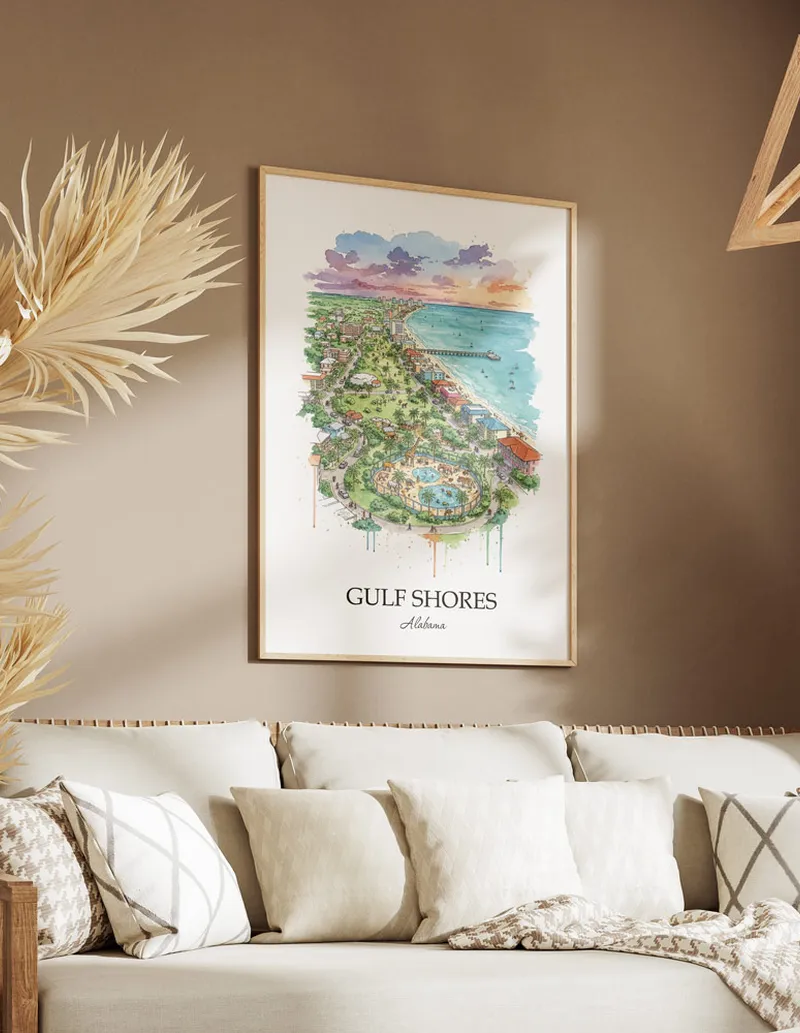 Vintage travel poster of Gulf Shores city, USA - Alabama in a light frame displayed above a sofa in a bright boho interior.