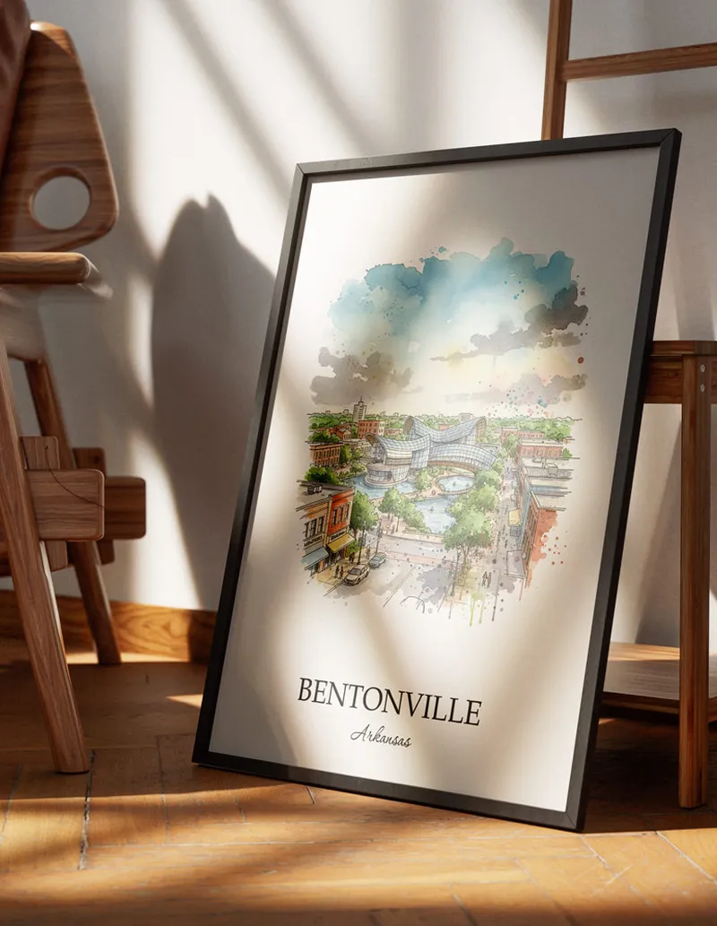 Minimalist poster of Bentonville city in USA - Arkansas in a light frame standing on the floor in a dark moody interior.