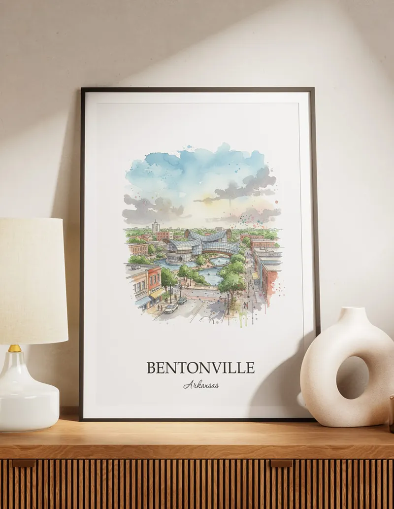A lovely interior preview showcasing a vintage-vibe travel poster design of the scenic Bentonville city.