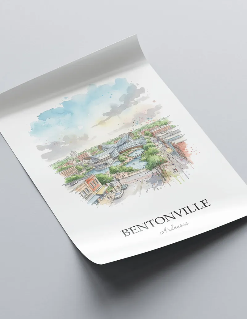 A close-up of a high-quality paper print featuring the Bentonville city minimalist design.