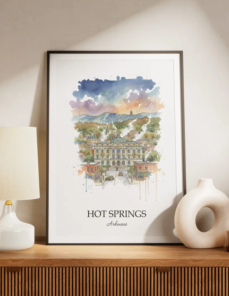 A lovely interior preview showcasing a vintage-vibe travel poster design of the scenic Hot Springs city.