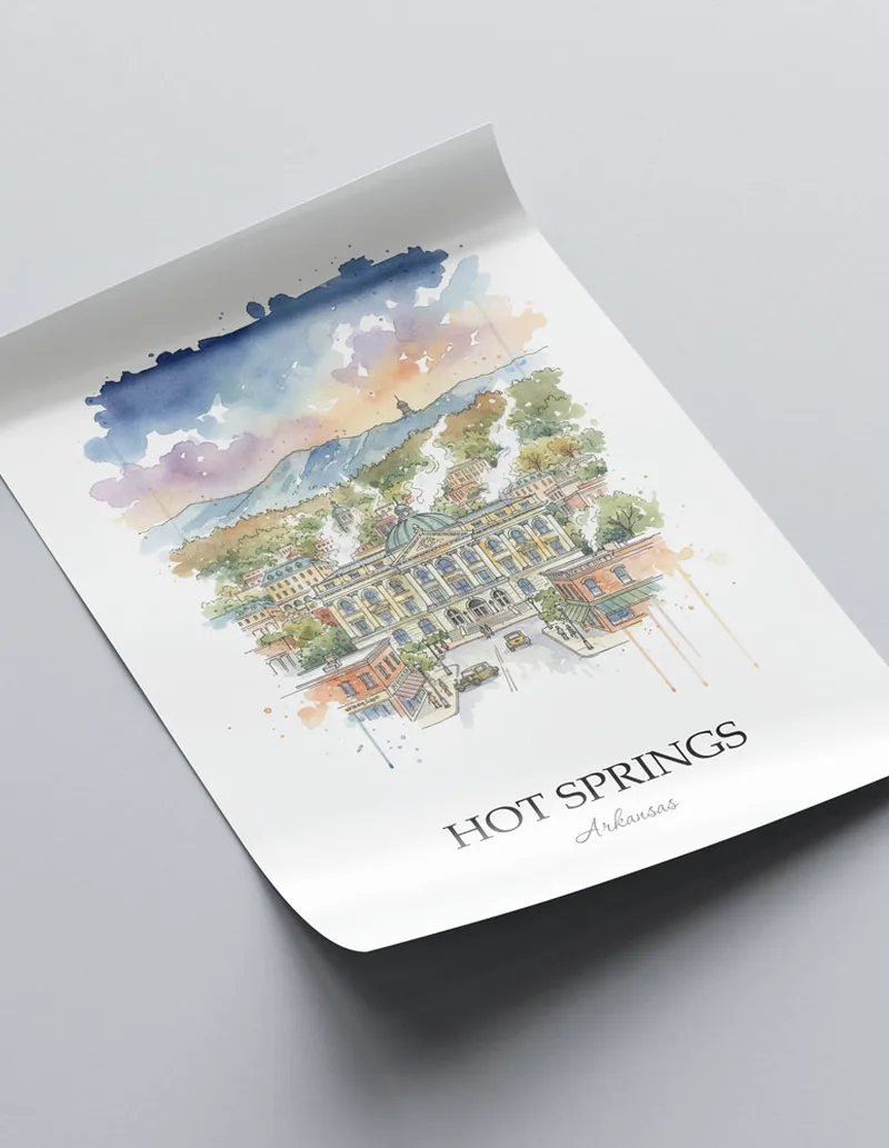 A close-up of a high-quality paper print featuring the Hot Springs city minimalist design.