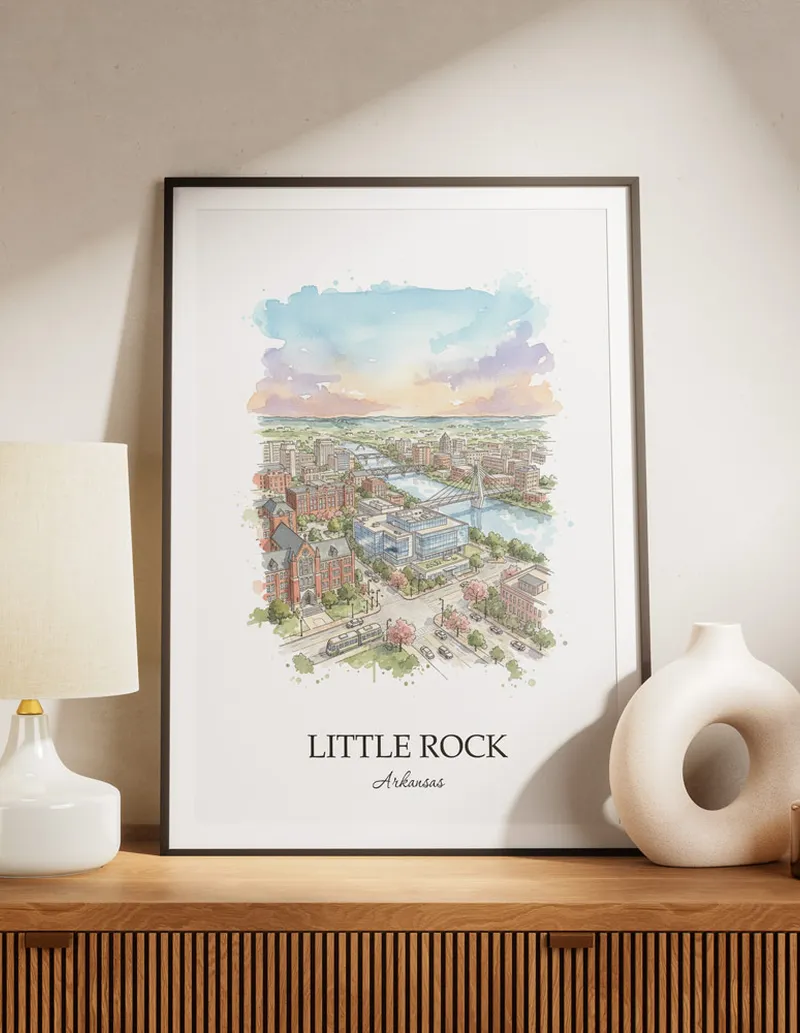 A lovely interior preview showcasing a vintage-vibe travel poster design of the scenic Little Rock city.