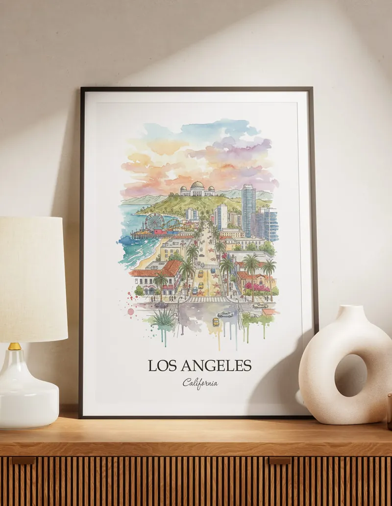 A lovely interior preview showcasing a vintage-vibe travel poster design of the scenic Los Angeles city.