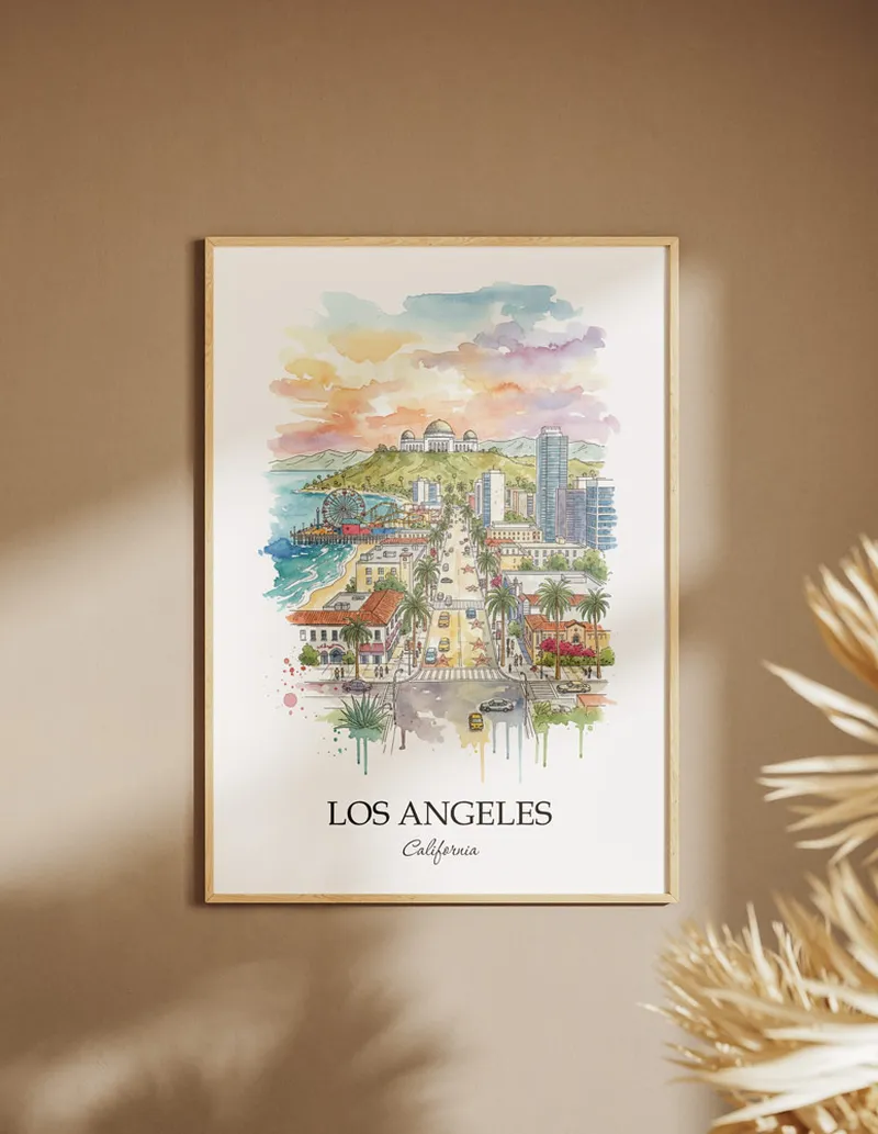 A clean and modern mockup showing a framed Los Angeles city print on a minimalist background.