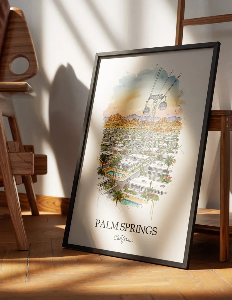 Minimalist poster of Palm Springs city in USA - California in a light frame standing on the floor in a dark moody interior.