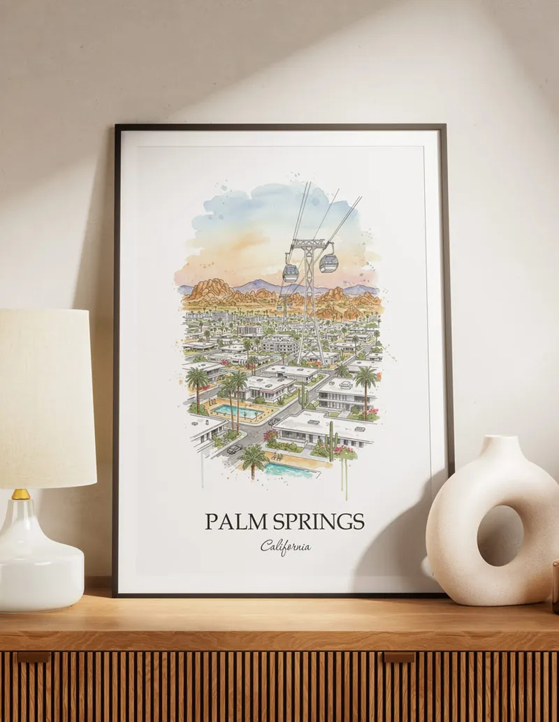 A lovely interior preview showcasing a vintage-vibe travel poster design of the scenic Palm Springs city.