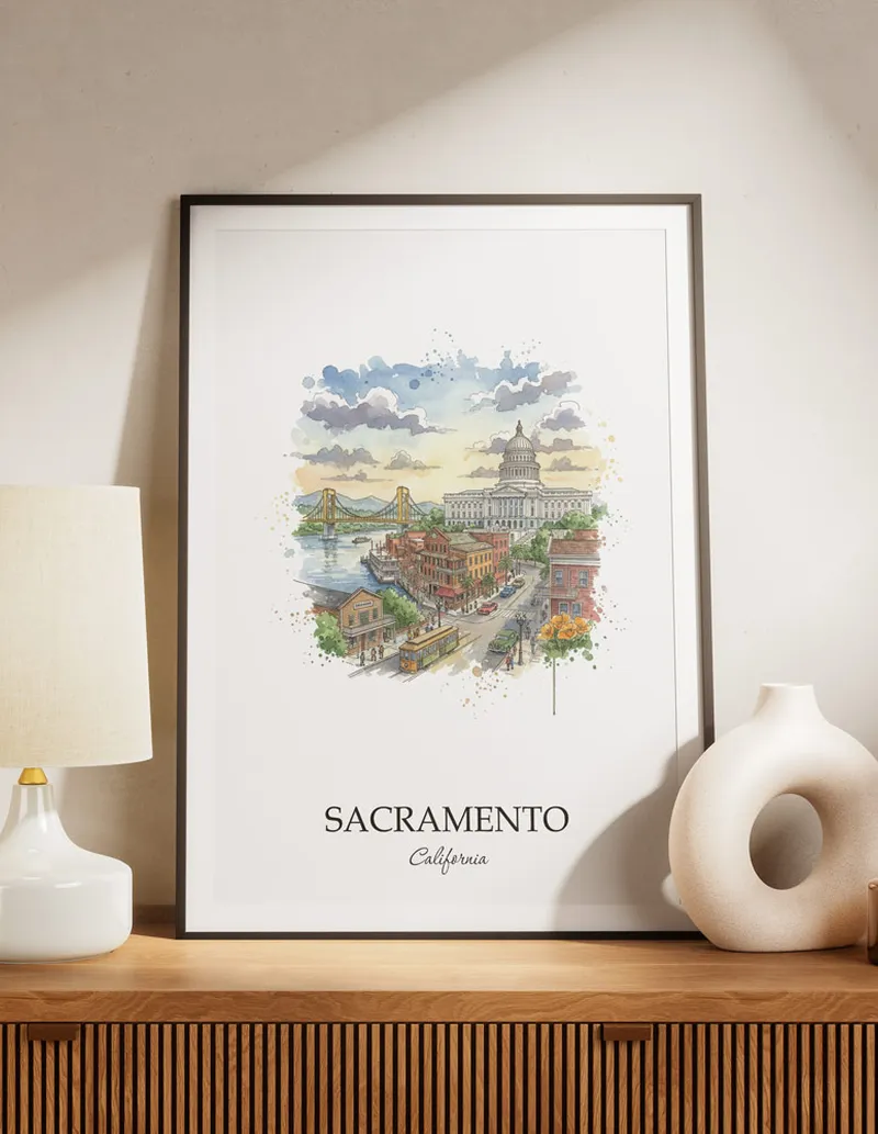A lovely interior preview showcasing a vintage-vibe travel poster design of the scenic Sacramento city.