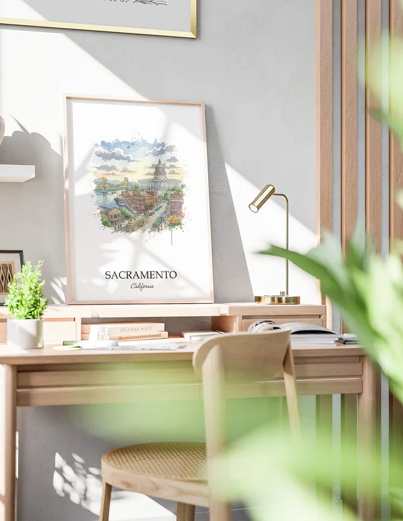 Cozy, well-lit workspace with a minimalist poster of Sacramento, USA - California in a light frame sitting on the desk.