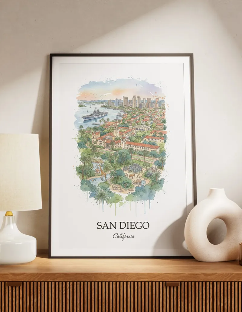 A lovely interior preview showcasing a vintage-vibe travel poster design of the scenic San Diego city.