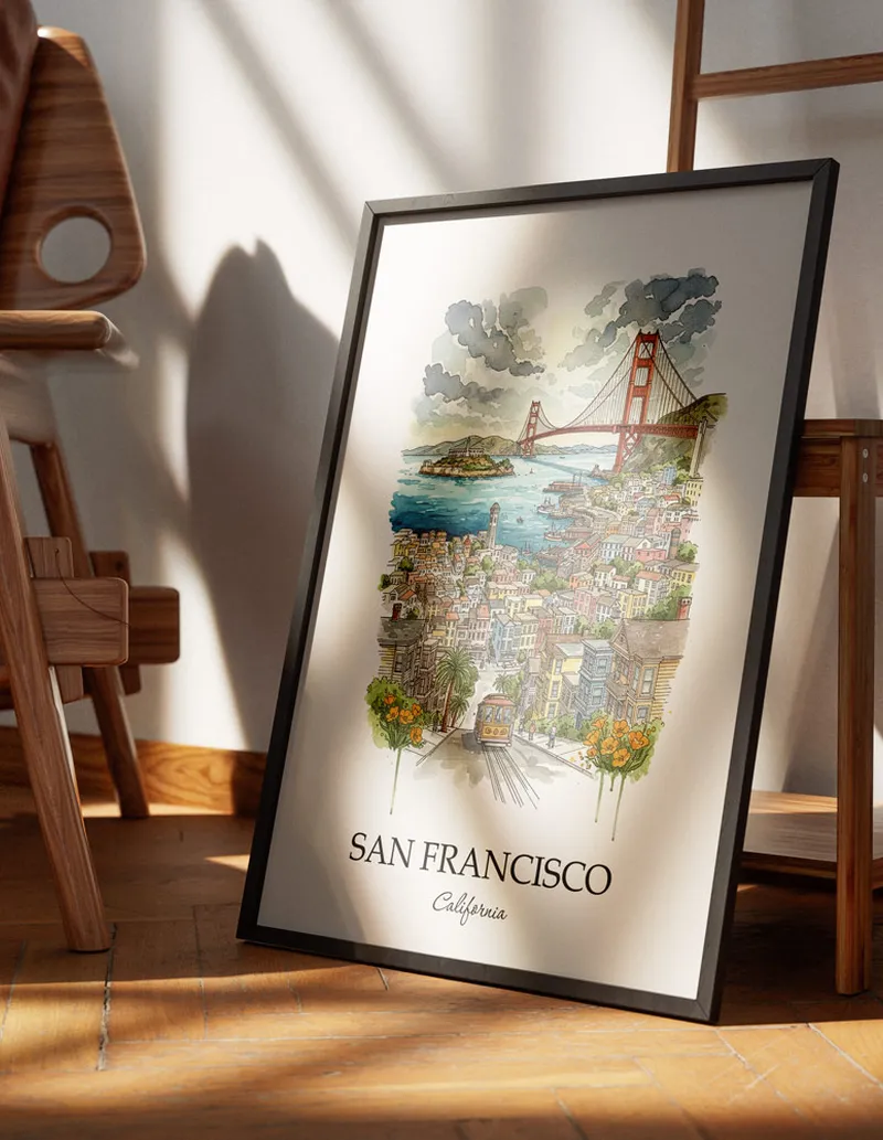 Minimalist poster of San Francisco city in USA - California in a light frame standing on the floor in a dark moody interior.