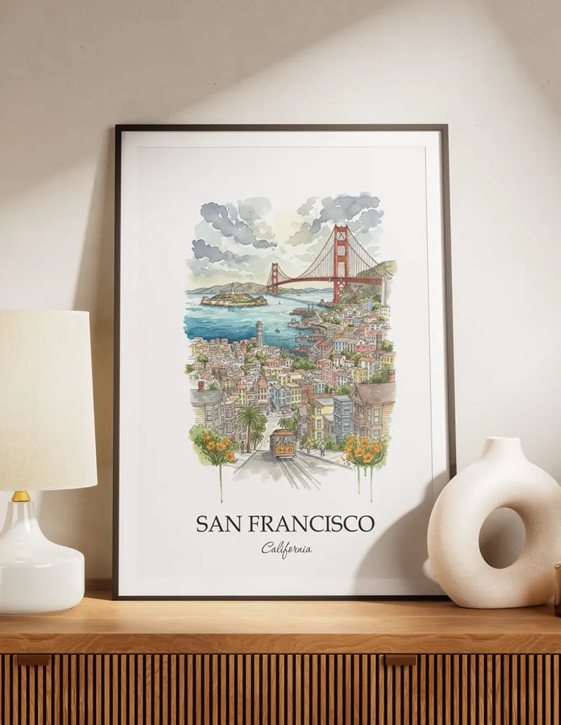 A lovely interior preview showcasing a vintage-vibe travel poster design of the scenic San Francisco city.