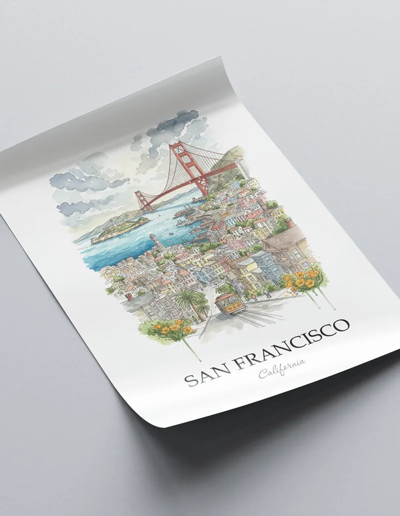 A close-up of a high-quality paper print featuring the San Francisco city minimalist design.