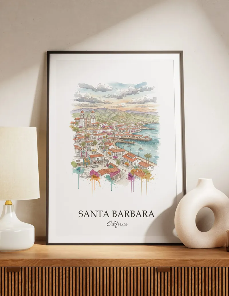 A lovely interior preview showcasing a vintage-vibe travel poster design of the scenic Santa Barbara city.