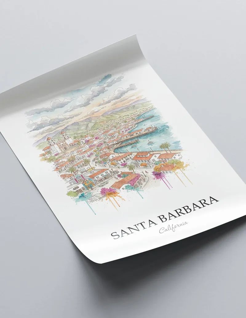 A close-up of a high-quality paper print featuring the Santa Barbara city minimalist design.