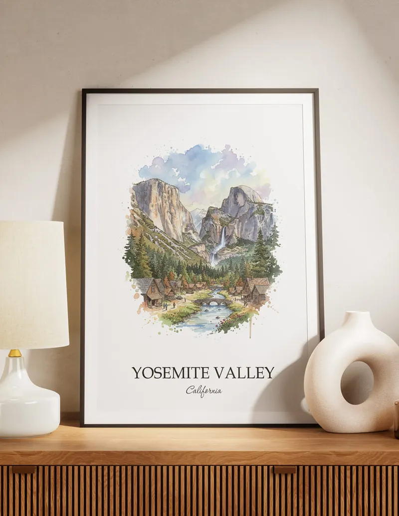 A lovely interior preview showcasing a vintage-vibe travel poster design of the scenic Yosemite Valley city.