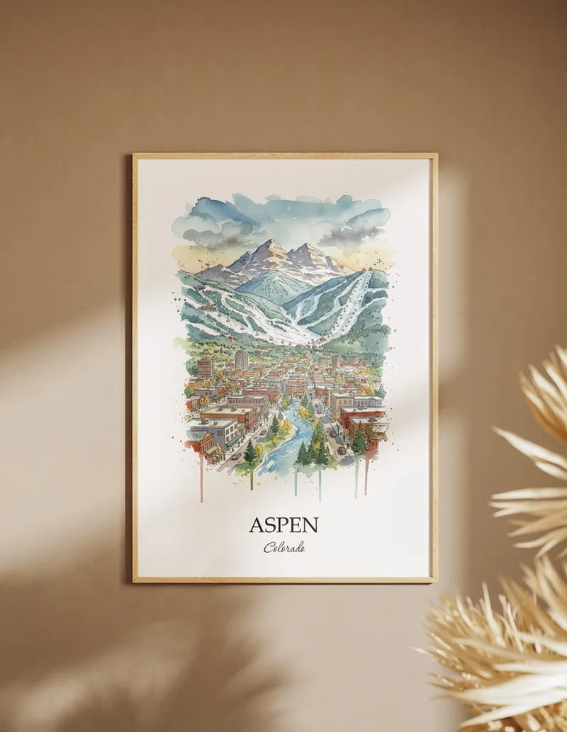 A clean and modern mockup showing a framed Aspen city print on a minimalist background.