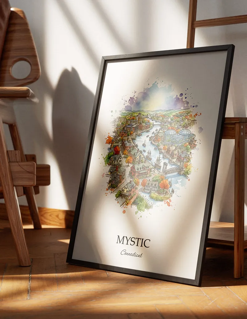 Minimalist poster of Mystic city in USA - Connecticut in a light frame standing on the floor in a dark moody interior.