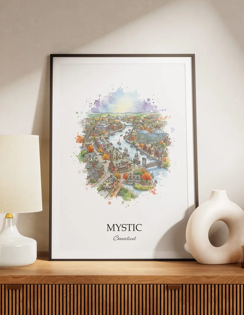 A lovely interior preview showcasing a vintage-vibe travel poster design of the scenic Mystic city.