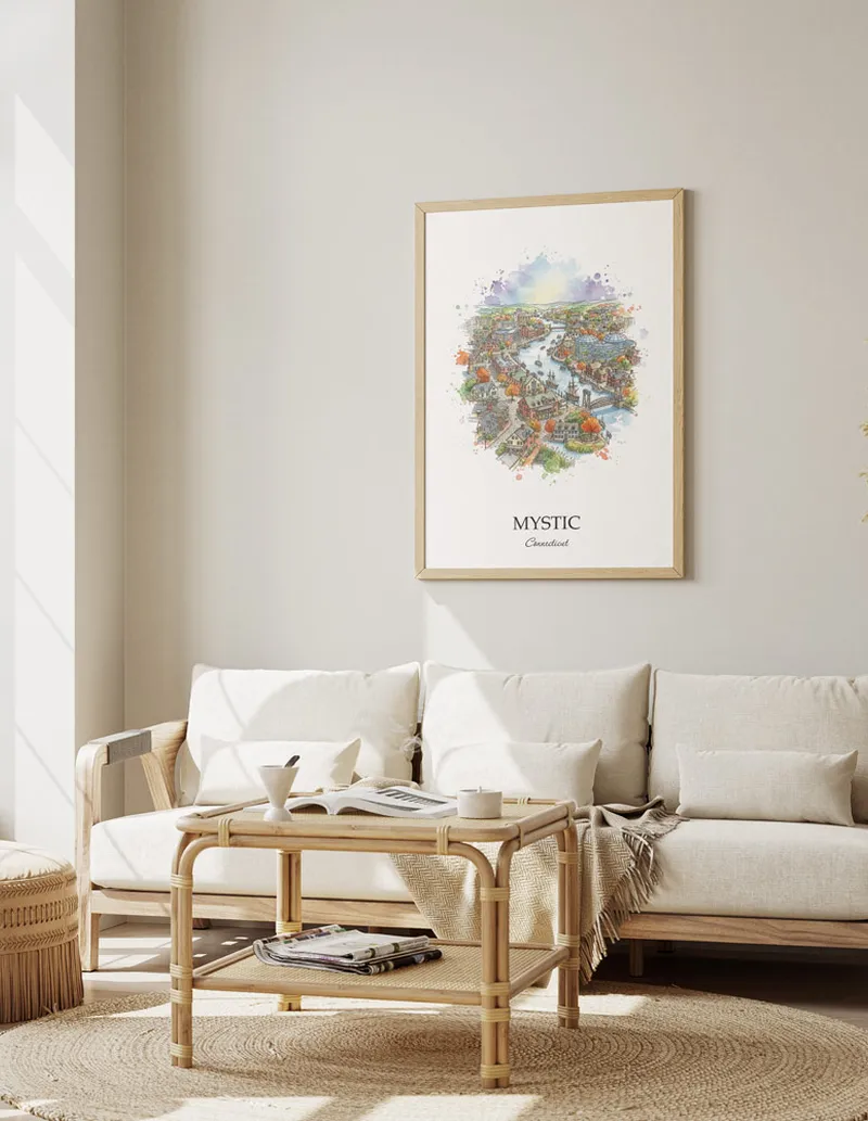 Framed wall art featuring Mystic, USA - Connecticut in a light wood frame hanging above a sofa in a modern living room.