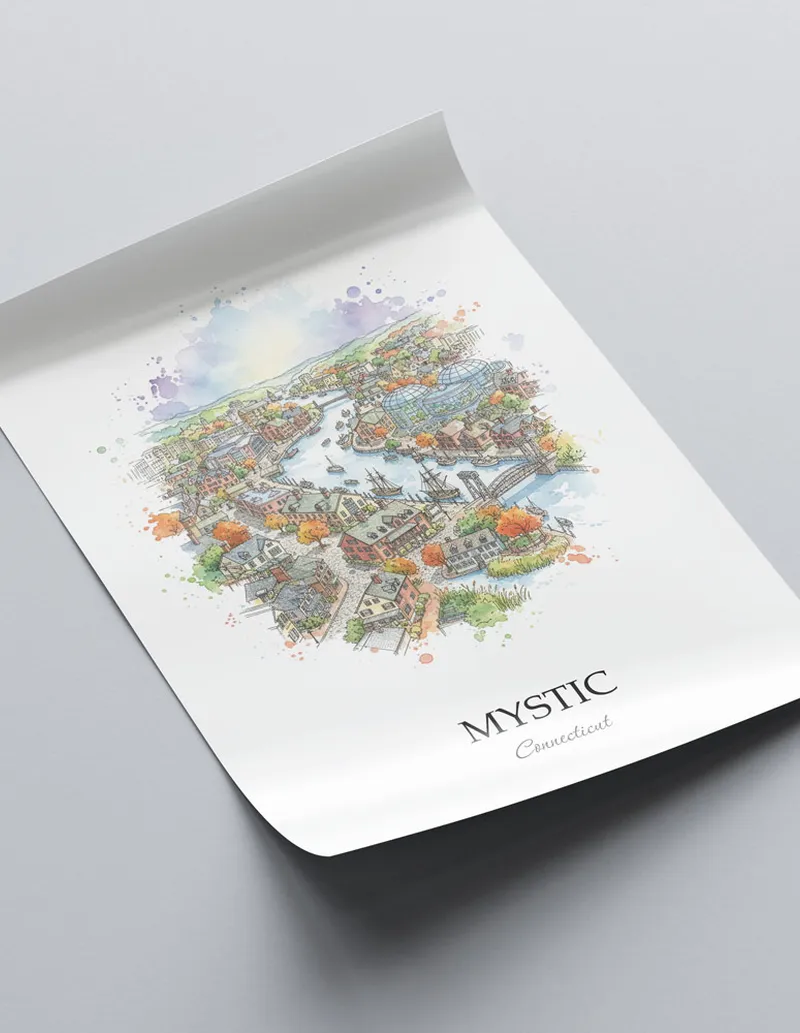 A close-up of a high-quality paper print featuring the Mystic city minimalist design.