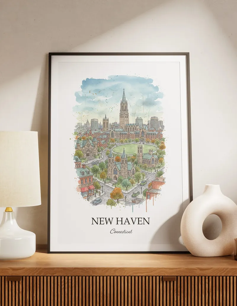 A lovely interior preview showcasing a vintage-vibe travel poster design of the scenic New Haven city.