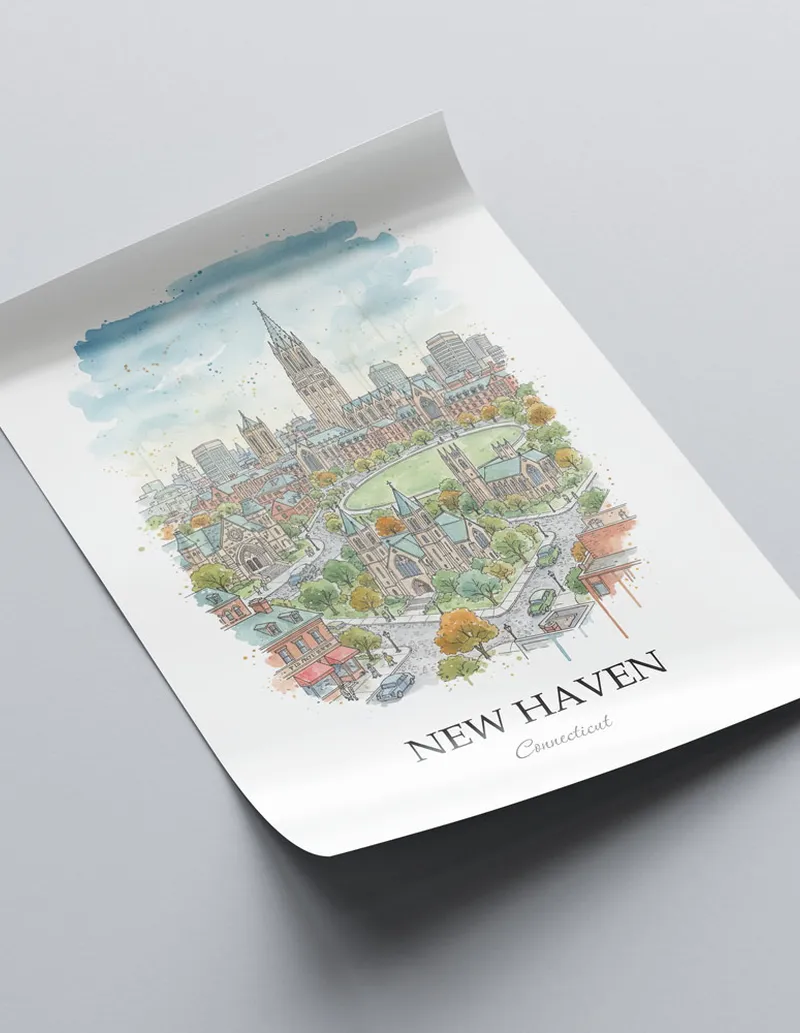 A close-up of a high-quality paper print featuring the New Haven city minimalist design.