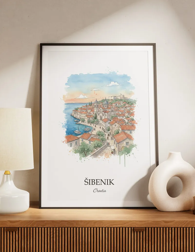 A lovely interior preview showcasing a vintage-vibe travel poster design of the scenic _ibenik city.
