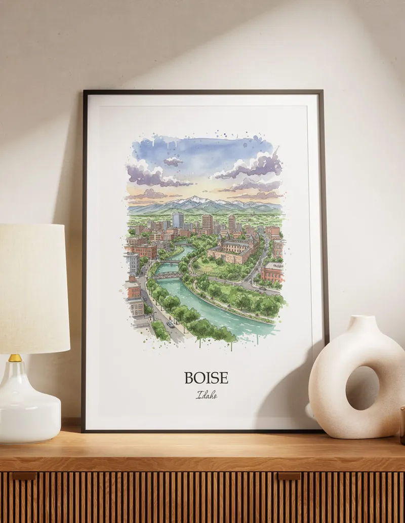A lovely interior preview showcasing a vintage-vibe travel poster design of the scenic Boise city.