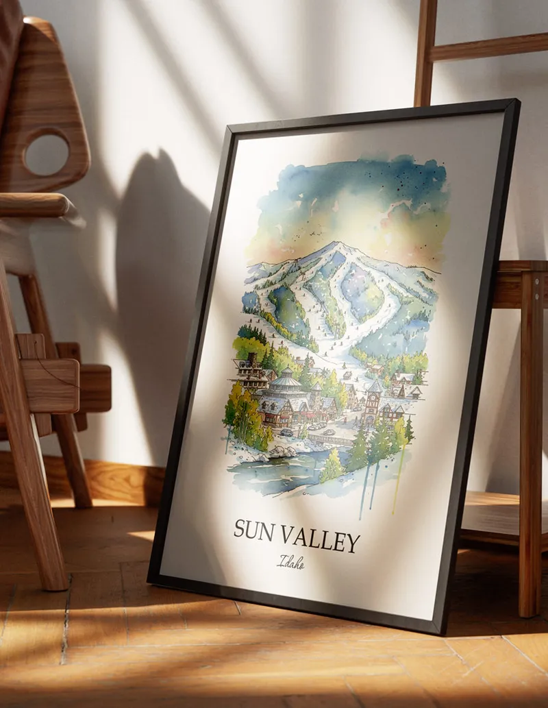 Minimalist poster of Sun Valley city in USA - Idaho in a light frame standing on the floor in a dark moody interior.