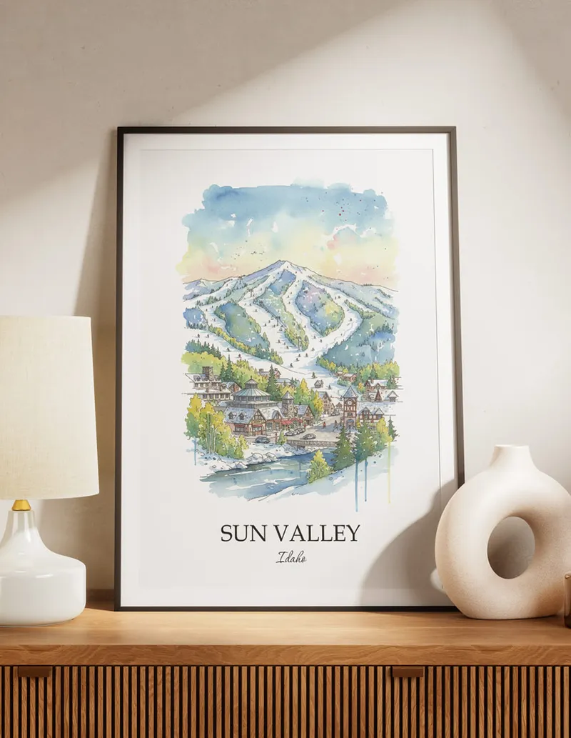 A lovely interior preview showcasing a vintage-vibe travel poster design of the scenic Sun Valley city.