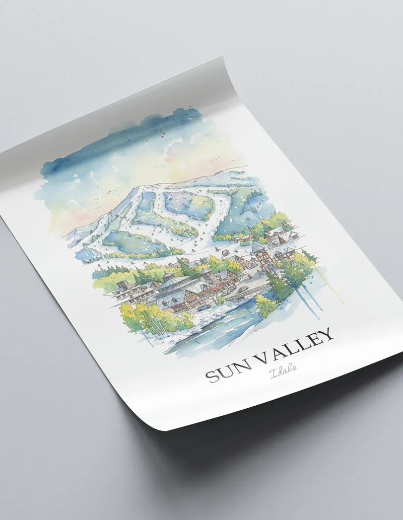A close-up of a high-quality paper print featuring the Sun Valley city minimalist design.