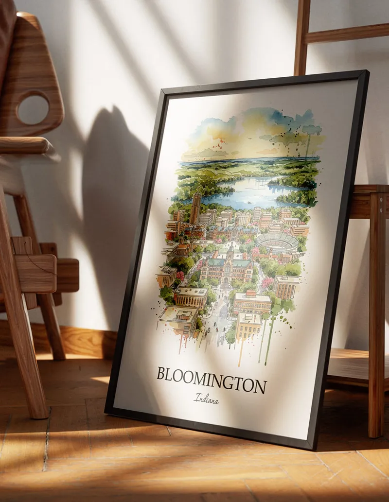 Minimalist poster of Bloomington city in USA - Indiana in a light frame standing on the floor in a dark moody interior.