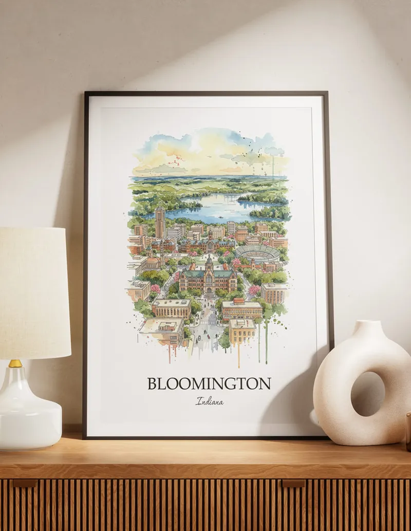 A lovely interior preview showcasing a vintage-vibe travel poster design of the scenic Bloomington city.